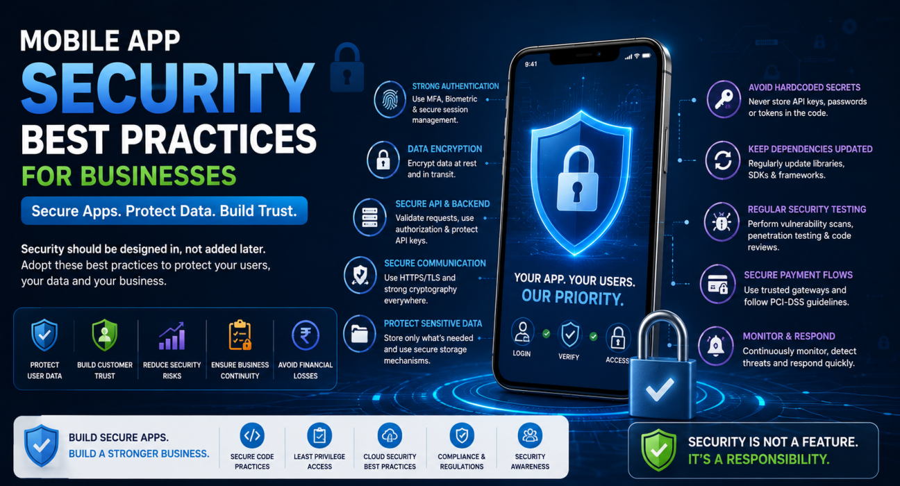 Mobile app security best practices featuring data encryption, secure APIs, authentication, secure payments, and threat monitoring.