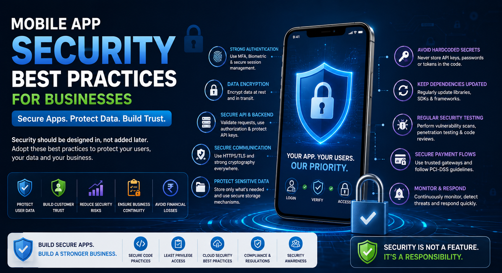Mobile app security best practices featuring data encryption, secure APIs, authentication, secure payments, and threat monitoring.