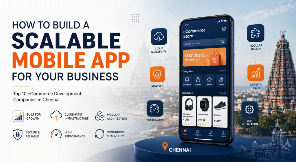 Scalable mobile app development with a smartphone, cloud infrastructure, security, and growth features.