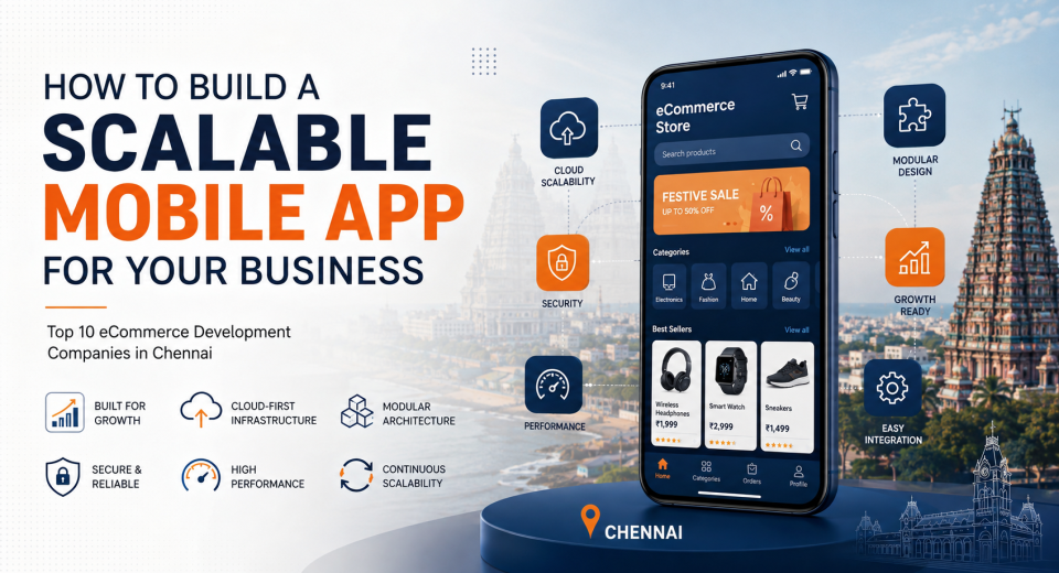 Scalable mobile app development with a smartphone, cloud infrastructure, security, and growth features.